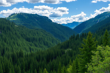 Fototapeta premium Serene mountain range with lush green forests under a blue cloudy sky