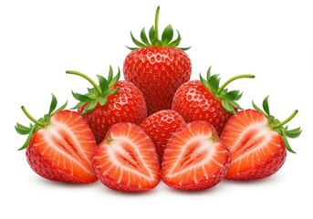 Arrangement of whole and halved strawberries isolated on a white background