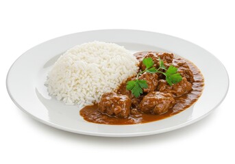 portion of meat stew with rice on a white plate garnished with parsley