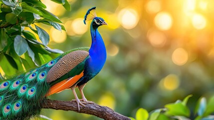 Obraz premium Majestic Peacock Perched on Branch in Sunlight