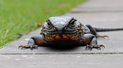 Obraz premium Closeup of Black and Orange Lizard on Pavement
