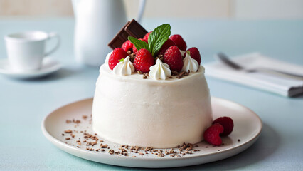 Cake topped with raspberries, whipped cream, and mint, perfect for dessert inspiration or celebration themes. Ideal for food blogs, recipe websites, or bakery promotions.