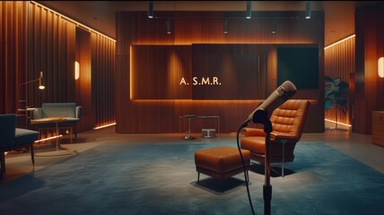 Cozy asmr studio with warm lighting and comfortable seating for relaxation and sound recording