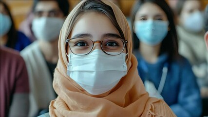 A girl wearing a mask and glasses is smiling at the camera. Concept of humor and lightheartedness despite the serious situation of wearing a mask