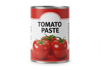 A can of tomato paste with fresh tomatoes on a white background