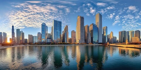 Obraz premium Cityscape with modern skyscrapers and a waterfront at sunset