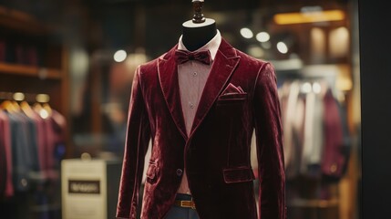 Fototapeta premium Sophisticated maroon velvet suit displayed in a boutique window