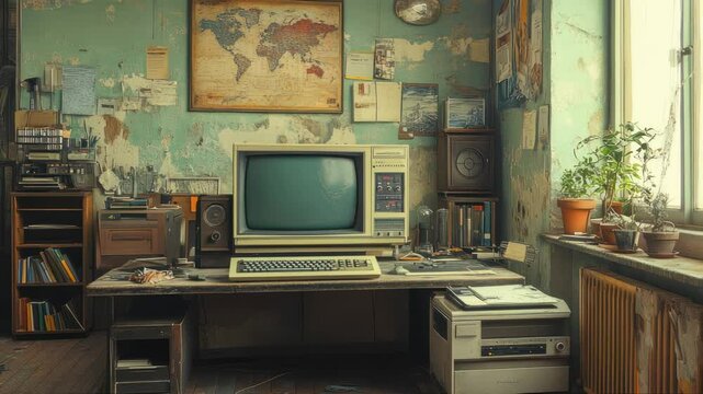 A vintage desktop computer sits on a wooden desk surrounded by plants and office supplies, evoking nostalgia for old technology in a warm, retro workspace