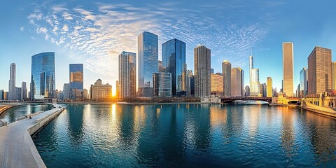 Naklejka premium Chicago Skyline at Sunset with River View