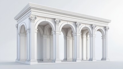 Obraz premium A 3D picture shows an old white building with fancy columns. It has three arched openings. 