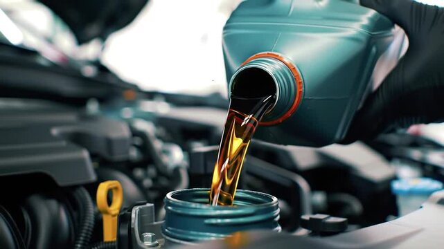 Close Up of Yellow Motor Oil Pouring into Car Engine in Auto Repair Shop with Gloved Hand and Clean Engine Compartment