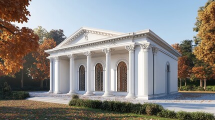 Fototapeta premium A 3D picture shows an old white building with fancy columns. It has three arched openings. 