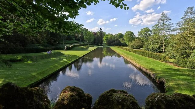 Drone footage capturing the beautifully landscaped Studley Royal Water Garden. The formal gardens, canals, and woodland create a stunning historical landscape.