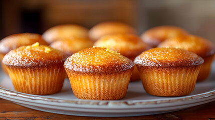 A plate of soft Magdalenas, Spanish Muffins, golden and slightly domed, served with a touch of lemon zest
