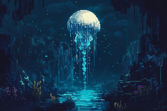 A pixelated jellyfish floating above water in a dark cave with glowing particles and stalactites