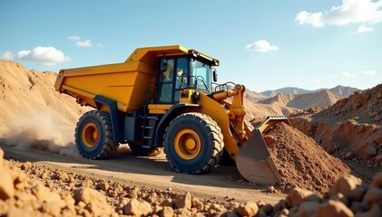 Obraz premium Powerful digger tipper moving earth on a construction site, showcasing its digging and tipping capabilities , development, construction
