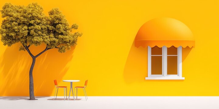 Sunny Yellow Cafe Patio Scene with Tree and Awning