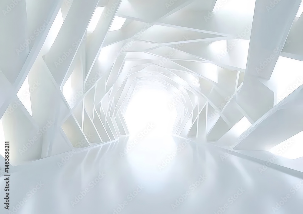 Aufkleber 光沢のある白い幾何学的抽象構造の未来的な建築トンネル内部空間デザイン