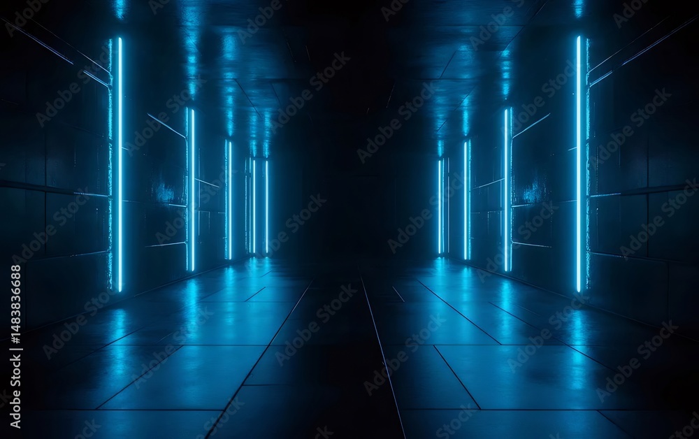Poster 青いネオンライトが照らす未来的なトンネルの抽象的な背景 建築デザインと現代テクノロジーの融合