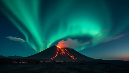 Dramatic nightscape capturing erupting volcano beneath brilliant green aurora borealis and the phenomenon of lenticular clouds