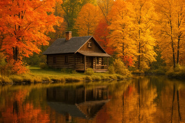 Fototapeta premium Cabin by lake with fall foliage.