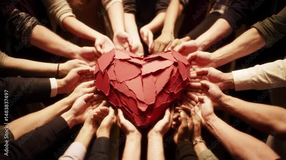 Aufkleber many hands hold textured red paper heart shape symbolizing unity and love on dark background