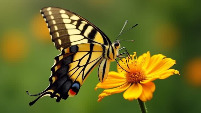 A common yellow swallowtail Papilio machaon on the flower of a butterfly bush Buddleja davidii . Close up, slow motion