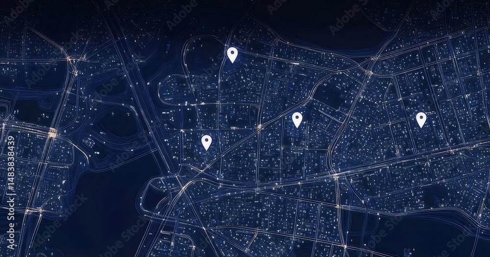 Aufkleber 夜の都市ライト接続ネットワークと抽象マップ パターン背景とグローバル通信デジタル技術とビジネス計画の未来のデザイン