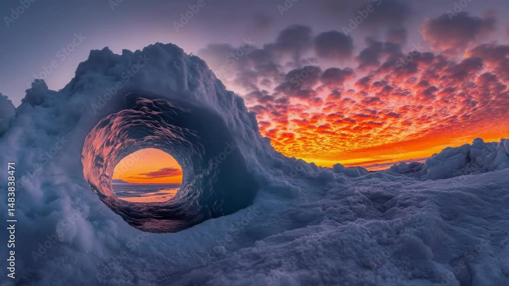 Poster a large wave is crashing into a frozen ocean. the sky is filled with clouds and the sun is setting, 