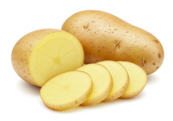 Whole and sliced potato on a white background