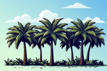 Serene tropical paradise with lush palm trees under a clear blue sky