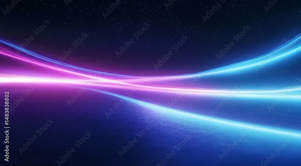 Poster 青と紫の光の線が流れる抽象的な背景に散りばめられた星々 輝きとエネルギーに満ちた未来的なデザイン