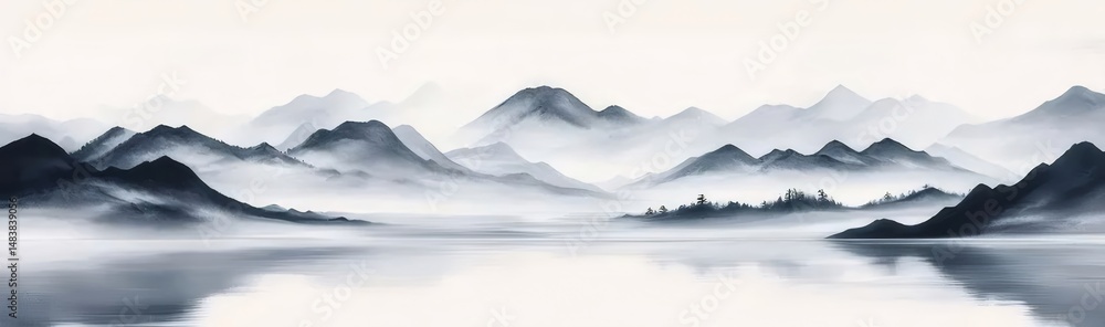 Aufkleber 穏やかな湖面に映る霧がかった山の風景 美しい水墨画風の背景イラスト