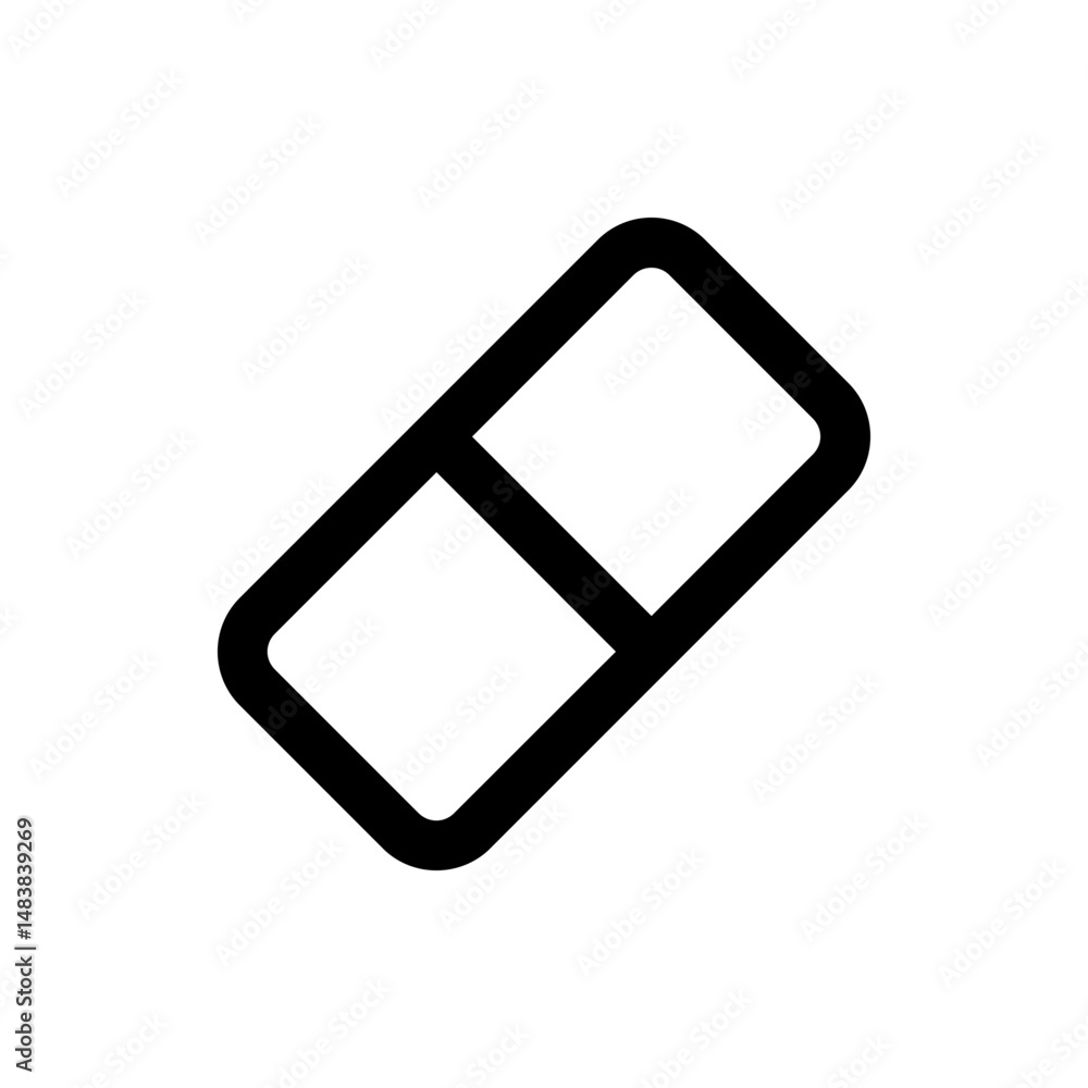 Poster illustration of a simple black and white eraser with rounded corners and a dividing line in the midd