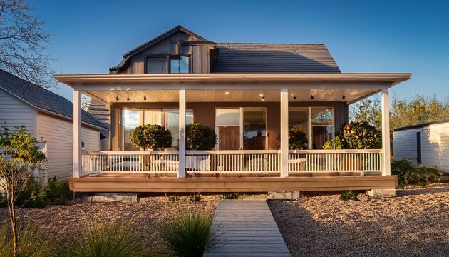 modern saltbox porch with minimalist railings and outdoor lighting high resolution stock photo