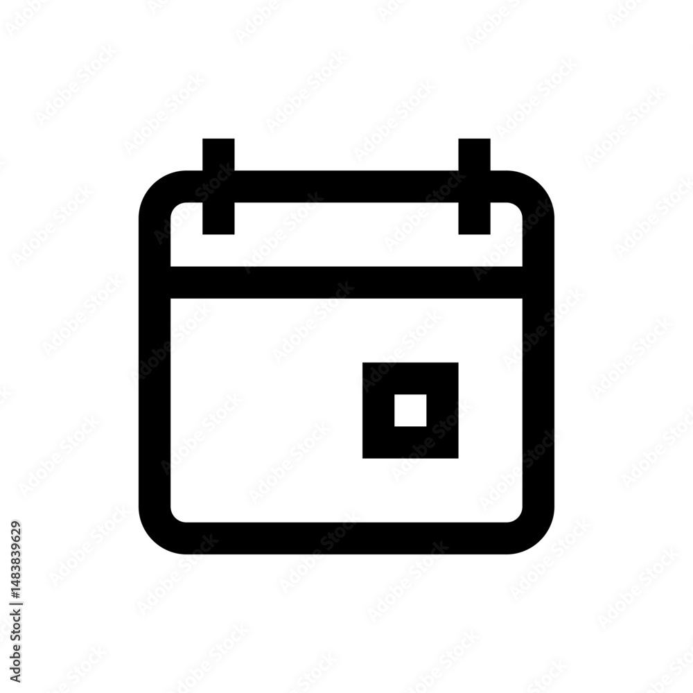 Poster illustration of a simple calendar icon with a square marking a specific date in black and white desi