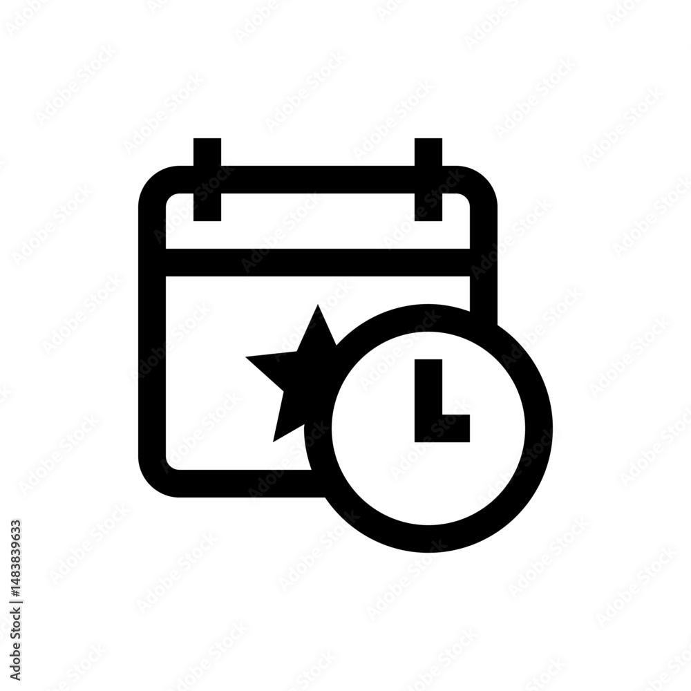 Poster black outlined calendar icon with a star and clock overlay indicating a scheduled event or appointme