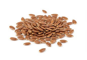Pile of brown flaxseed or linseed on a white background