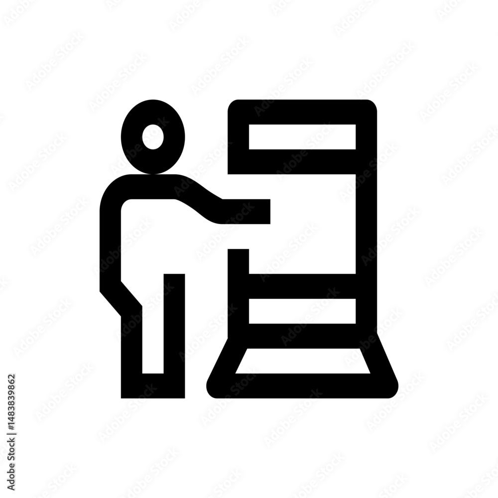 Poster person interacting with a machine or device with a display screen in a simplified outline style icon