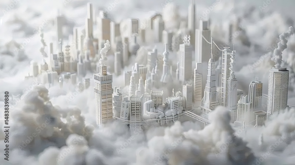 Aufkleber 白とグレーの雲に囲まれたミニチュア都市の風景と建築の景観の3dレンダリング