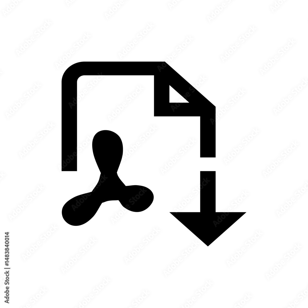 Poster illustration of a document with an arrow pointing down and a shape resembling a propeller to the sid