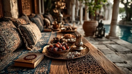 Traditional Feast with Dates Nuts and Tea on a Decorative Table by a Serene Water Feature