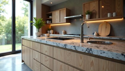 Sleek granite countertop kitchen, modern design , space, interior