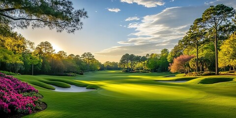 Golf Course with Lush Greenery and Sand Traps
