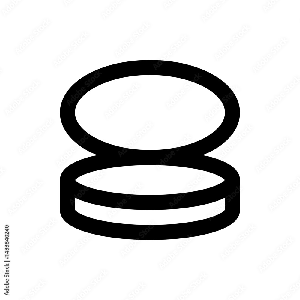 Poster illustration of an open compact powder case with a round shape and visible layers in black outline s