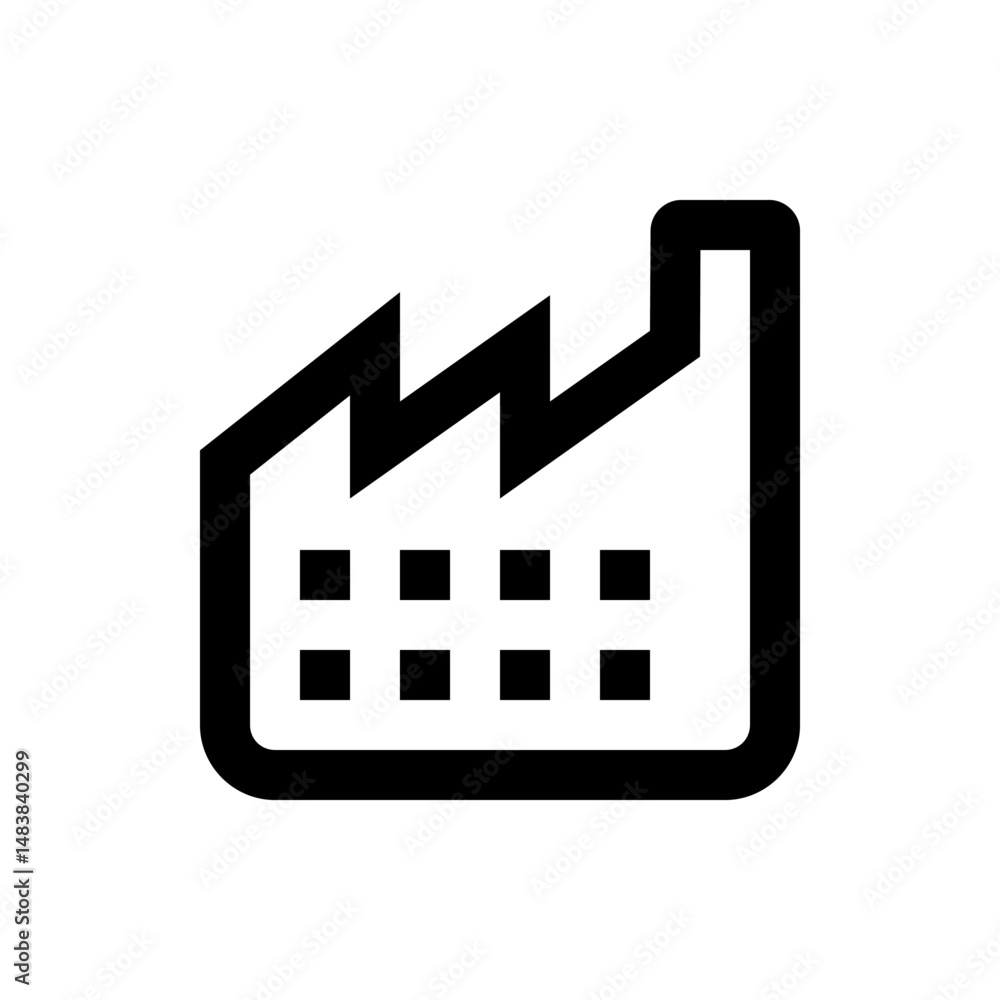 Poster illustration of a simple factory icon with a chimney and window grid in black outline style design e