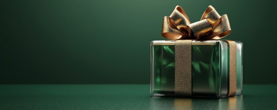 Glass gift box with golden bow on green background with copy space. 3D Rendering, 3D Illustration
