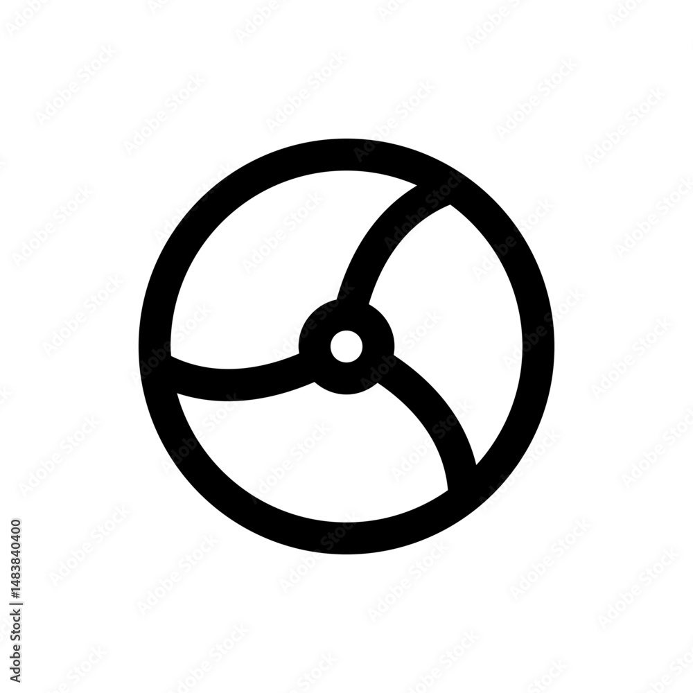 Poster illustration of a stylized round shape with three curved lines radiating from a central circle desig