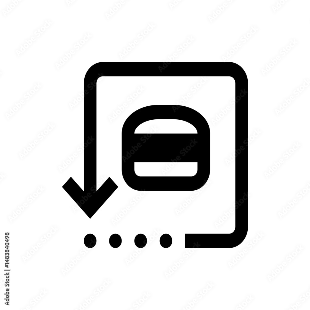 Poster black and white graphic icon showing a burger inside of a square with an arrow and trailing dots bel