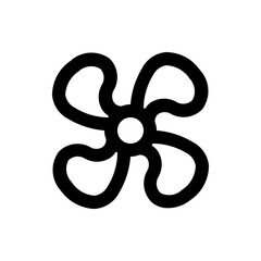 Stylized black and white drawing of a four armed propeller with a central circle design element